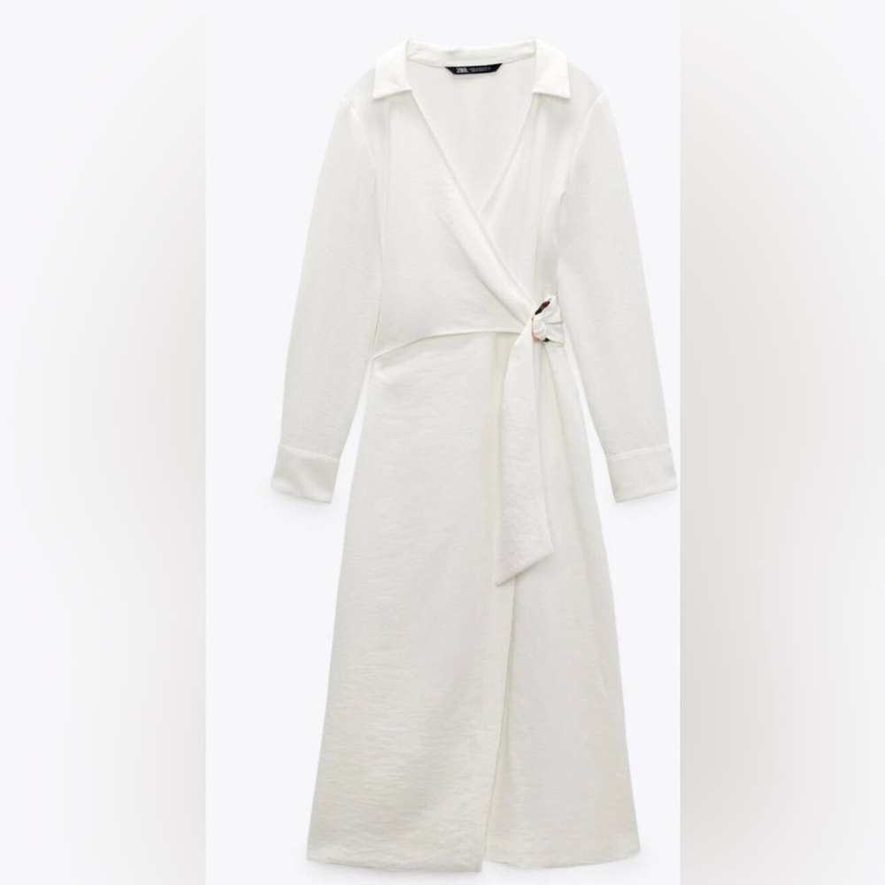 Zara White Ivory Midi Wrap Dress NWT - Picture 5 of 7